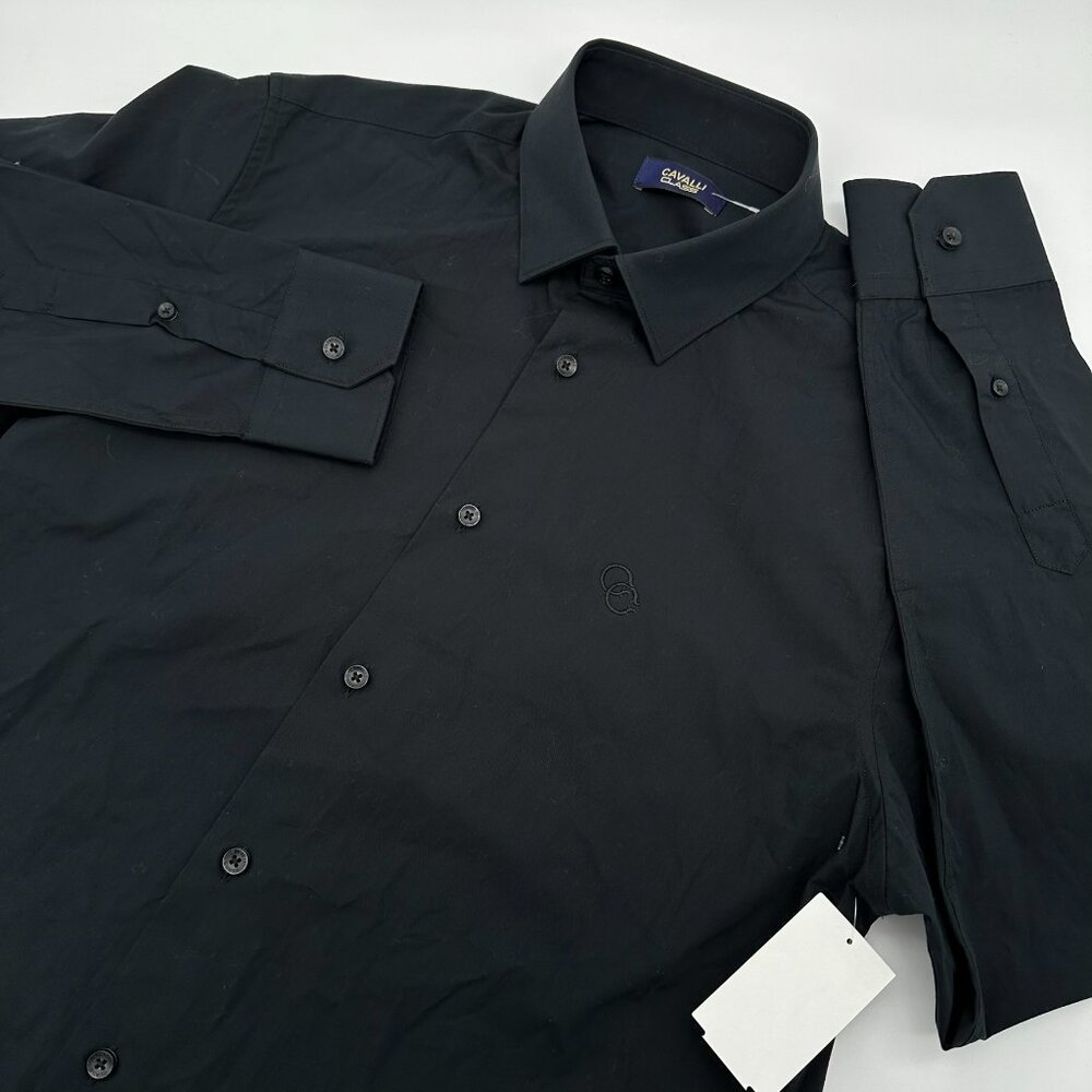 NWOT Cavalli Class Men's Solid Logo Embroidered Dress Shirt, Size 42/16.5, Black